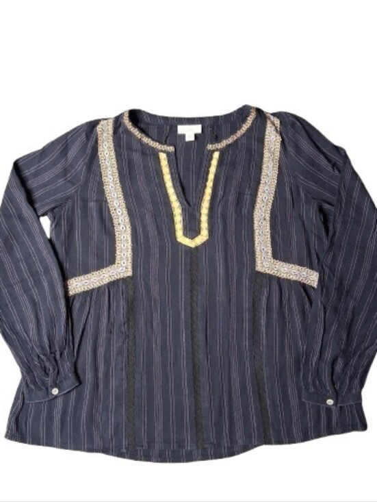 J. Jill Tops - J. Jill Women's Black Tan Embroidered Striped Boho Peasant Blouse Top S Long Sle